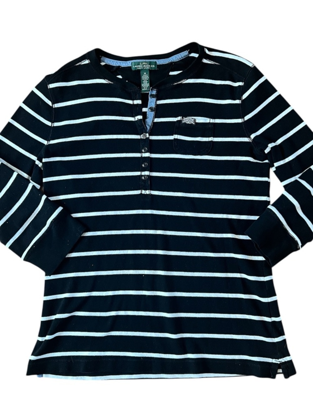 Lauren Ralph Lauren Jeans Black & White Striped Henley Top Sz M